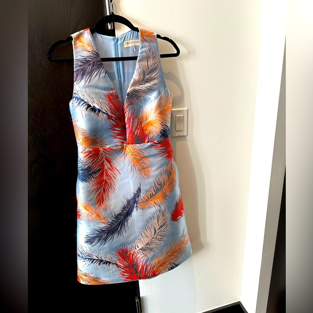 Pucci baby blue brocade feather print dress